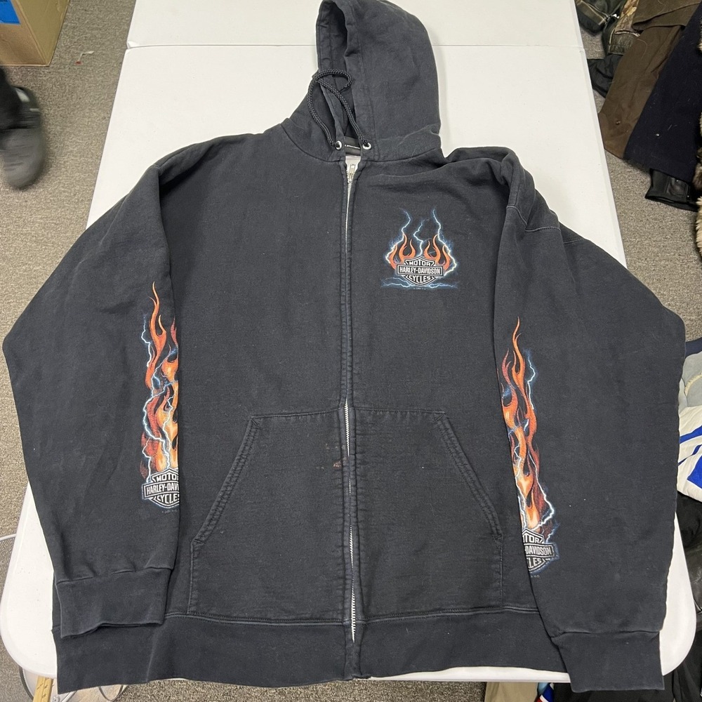 Harley-Davidson Zip Hoodie Mens XL Black Dallas Texas Flame Skull Graphic C2